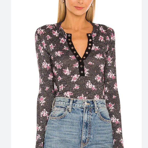 Free People Printed Henley in Black Combo - Picture 3 of 7